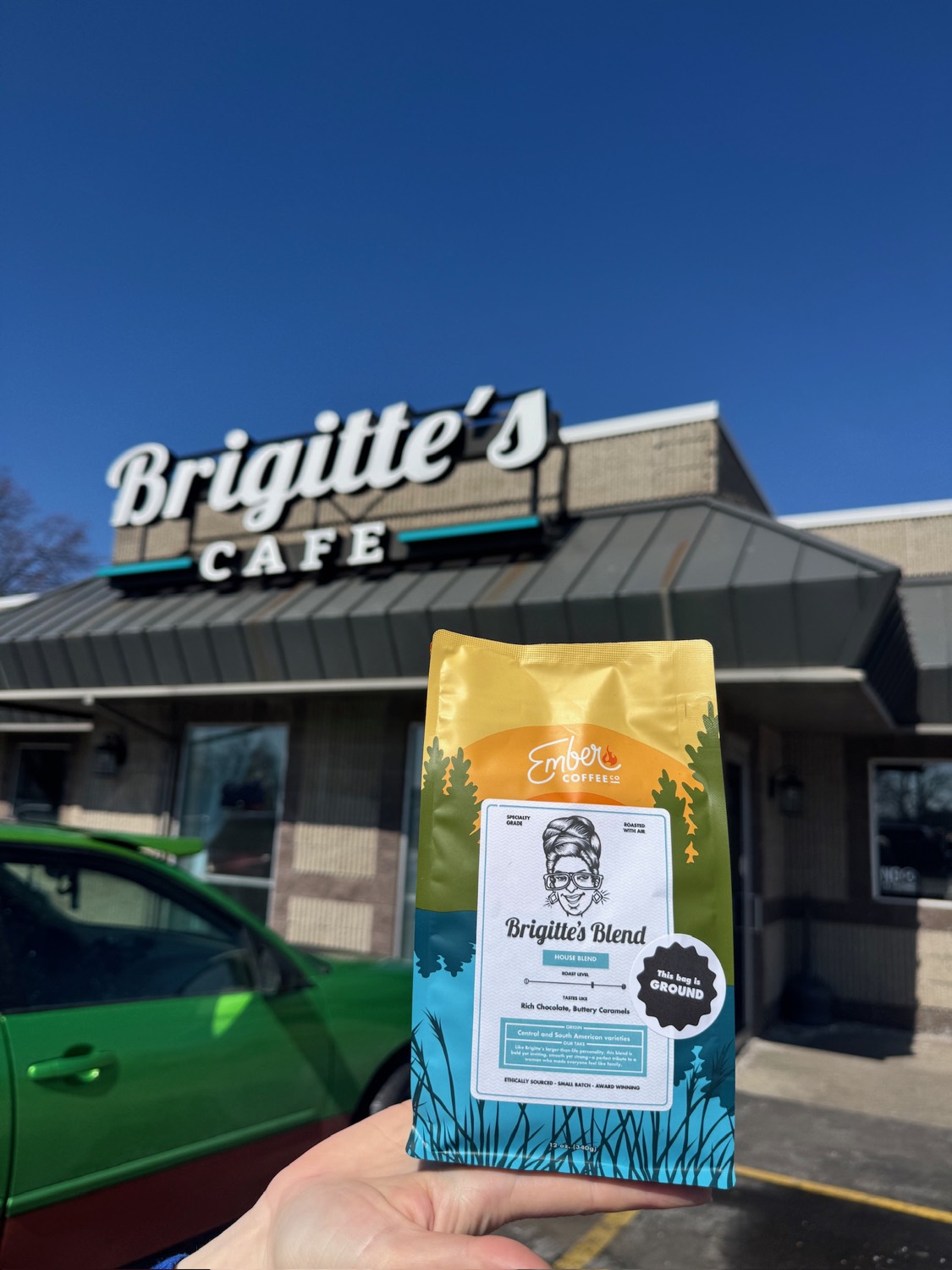 Brigitte's Cafe co-branded Brigitte's Blend bag, roasted by Ember